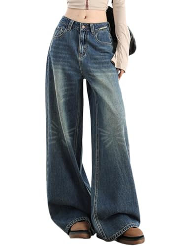 ORANDESIGNE Baggy Jeans Damen Schwarz Denim Cargohose Baggy Y2K Multi Taschen High Waist Bootcut Schlaghose Y2K Teenager Mädchen Arbeitshosen B Dunkelblau M von ORANDESIGNE