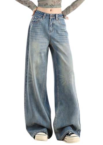 ORANDESIGNE Baggy Jeans Damen Schwarz Denim Cargohose Baggy Y2K Multi Taschen High Waist Bootcut Schlaghose Y2K Teenager Mädchen Arbeitshosen B Hellblau L von ORANDESIGNE
