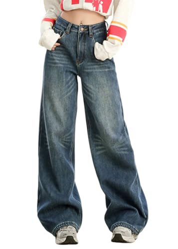 ORANDESIGNE Baggy Jeans Damen Schwarz Denim Cargohose Baggy Y2K Multi Taschen High Waist Bootcut Schlaghose Y2K Teenager Mädchen Arbeitshosen E Dunkelblau XL von ORANDESIGNE
