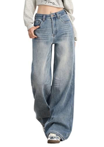 ORANDESIGNE Baggy Jeans Damen Schwarz Denim Cargohose Baggy Y2K Multi Taschen High Waist Bootcut Schlaghose Y2K Teenager Mädchen Arbeitshosen E Hellblau M von ORANDESIGNE