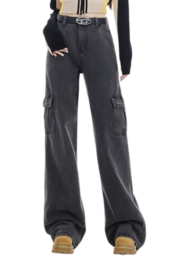 ORANDESIGNE Baggy Jeans Damen Schwarz Denim Cargohose Baggy Y2K Multi Taschen High Waist Bootcut Schlaghose Y2K Teenager Mädchen Arbeitshosen G Grau S von ORANDESIGNE