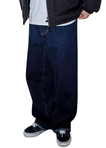 ORANDESIGNE Baggy Jeans Herren Baggy Hose Y2K Jeans Streetwear Herrenjeans Mit Stickerei Hip Hop Hose mit Knopfleiste Jeanshose Loose Denim Pants mit Weitem Bein Männer A Dunkelblau XS von ORANDESIGNE