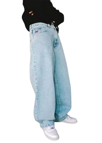 ORANDESIGNE Baggy Jeans Herren Baggy Hose Y2K Jeans Streetwear Herrenjeans Mit Stickerei Hip Hop Hose mit Knopfleiste Jeanshose Loose Denim Pants mit Weitem Bein Männer A Hellblau S von ORANDESIGNE