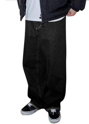 ORANDESIGNE Baggy Jeans Herren Baggy Hose Y2K Jeans Streetwear Herrenjeans Mit Stickerei Hip Hop Hose mit Knopfleiste Jeanshose Loose Denim Pants mit Weitem Bein Männer A Schwarz XL von ORANDESIGNE