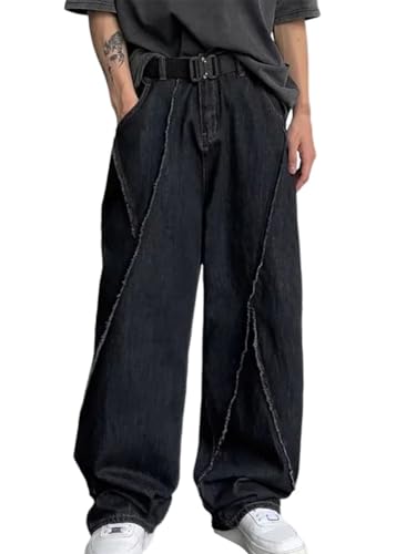 ORANDESIGNE Baggy Jeans Herren Baggy Hose Y2K Jeans Streetwear Herrenjeans Mit Stickerei Hip Hop Hose mit Knopfleiste Jeanshose Loose Denim Pants mit Weitem Bein Männer B Schwarz M von ORANDESIGNE