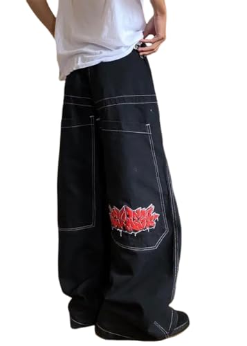 ORANDESIGNE Baggy Jeans Herren Baggy Hose Y2K Jeans Streetwear Herrenjeans Mit Stickerei Hip Hop Hose mit Knopfleiste Jeanshose Loose Denim Pants mit Weitem Bein Männer C Schwarz XS von ORANDESIGNE