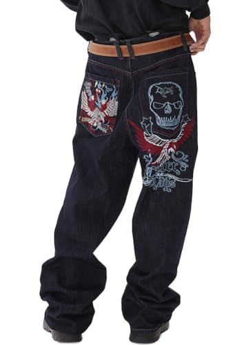 ORANDESIGNE Baggy Jeans Herren Baggy Hose Y2K Jeans Streetwear Herrenjeans Mit Stickerei Hip Hop Hose mit Knopfleiste Jeanshose Loose Denim Pants mit Weitem Bein Männer D Dunkelblau L von ORANDESIGNE