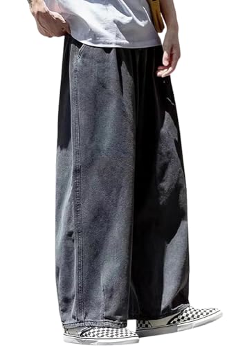 ORANDESIGNE Baggy Jeans Herren Baggy Hose Y2K Jeans Streetwear Herrenjeans Mit Stickerei Hip Hop Hose mit Knopfleiste Jeanshose Loose Denim Pants mit Weitem Bein Männer H Schwarz L von ORANDESIGNE