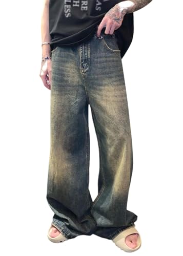 ORANDESIGNE Baggy Jeans Herren Baggy Hose Y2K Jeans Streetwear Herrenjeans Mit Stickerei Hip Hop Hose mit Knopfleiste Jeanshose Loose Denim Pants mit Weitem Bein Männer I Blau XXL von ORANDESIGNE