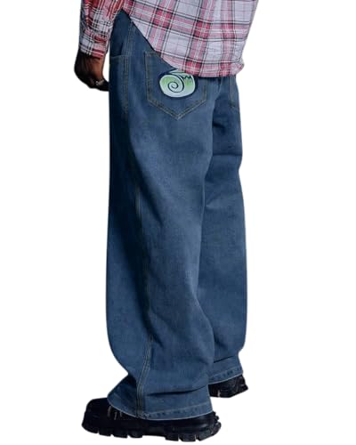ORANDESIGNE Baggy Jeans Herren Y2K Streetwear Jeans Mit Weitem Bein Hip Hop Skateboard Denim Hosen Lockere Passform P Blau XS von ORANDESIGNE