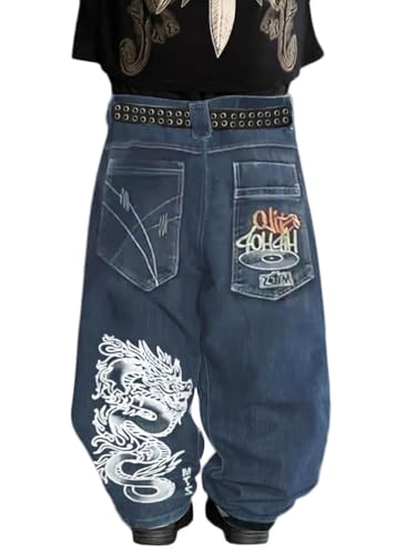 ORANDESIGNE Baggy Jeans Herren Y2K Streetwear Jeans Mit Weitem Bein Hip Hop Skateboard Denim Hosen Lockere Passform D Blau XL von ORANDESIGNE