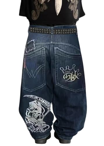 ORANDESIGNE Baggy Jeans Herren Y2K Streetwear Jeans Mit Weitem Bein Hip Hop Skateboard Denim Hosen Lockere Passform F Blau XS von ORANDESIGNE