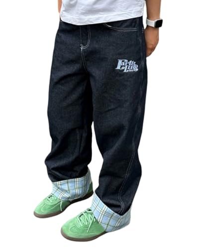 ORANDESIGNE Baggy Jeans Herren Y2K Streetwear Jeans Mit Weitem Bein Hip Hop Skateboard Denim Hosen Lockere Passform I Blau L von ORANDESIGNE