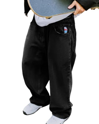 ORANDESIGNE Baggy Jeans Herren Y2K Streetwear Jeans Mit Weitem Bein Hip Hop Skateboard Denim Hosen Lockere Passform Q Schwarz XS von ORANDESIGNE