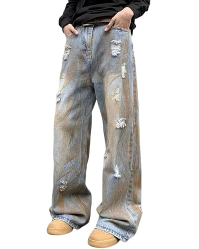 ORANDESIGNE Baggy Jeans Herren Y2K Streetwear Jeans Mit Weitem Bein Hip Hop Skateboard Denim Hosen Lockere Passform T Blau L von ORANDESIGNE