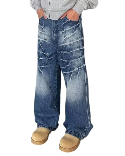 ORANDESIGNE Baggy Jeans Herren Y2K Streetwear Jeans Mit Weitem Bein Hip Hop Skateboard Denim Hosen Lockere Passform W Blau XXL von ORANDESIGNE