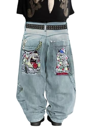 ORANDESIGNE Baggy Jeans Herren Y2K Streetwear Jeans Mit Weitem Bein Hip Hop Skateboard Denim Hosen Lockere Passform C Grau XL von ORANDESIGNE