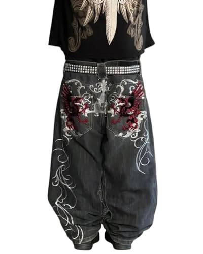 ORANDESIGNE Baggy Jeans Herren Y2K Streetwear Jeans Mit Weitem Bein Hip Hop Skateboard Denim Hosen Lockere Passform B Schwarz L von ORANDESIGNE