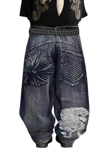 ORANDESIGNE Baggy Jeans Herren Y2K Streetwear Jeans Mit Weitem Bein Hip Hop Skateboard Denim Hosen Lockere Passform G Blau XS ORANDESIGNE Baggy Jeans Herren Y2K Streetwear Jeans Mit Weitem Bein Hip Hop Skateboard Denim Hosen Lockere Passform G Blau XS von ORANDESIGNE