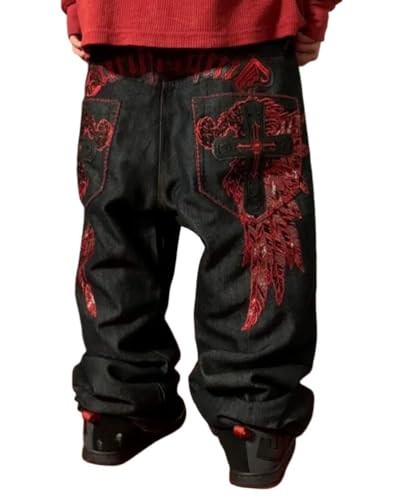 ORANDESIGNE Baggy Jeans Herren Y2K Streetwear Jeans Mit Weitem Bein Hip Hop Skateboard Denim Hosen Lockere Passform J Schwarz S von ORANDESIGNE