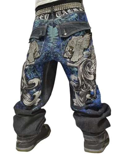 ORANDESIGNE Baggy Jeans Herren Y2K Streetwear Jeans Mit Weitem Bein Hip Hop Skateboard Denim Hosen Lockere Passform K Schwarz XXL von ORANDESIGNE