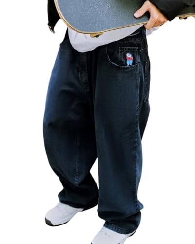 ORANDESIGNE Baggy Jeans Herren Y2K Streetwear Jeans Mit Weitem Bein Hip Hop Skateboard Denim Hosen Lockere Passform Q Dunkelblau M von ORANDESIGNE