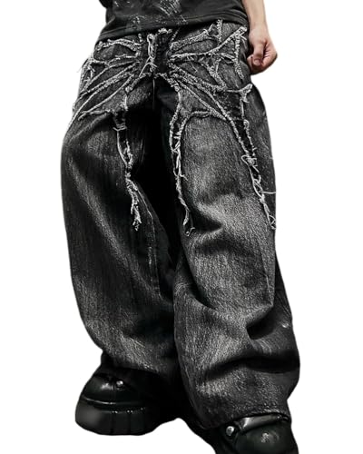 ORANDESIGNE Baggy Jeans Herren Y2K Streetwear Jeans Mit Weitem Bein Hip Hop Skateboard Denim Hosen Lockere Passform R Dunkelgrau XL von ORANDESIGNE