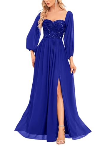 ORANDESIGNE Ballkleider Damen Lang Abendkleider Elegant für Hochzeit Brautjungfernkleider Pailletten Kleid Trauzeugin Kleid Chiffon Abendkleid Lang Festkleider Brautkleid Langarm C Blau S von ORANDESIGNE