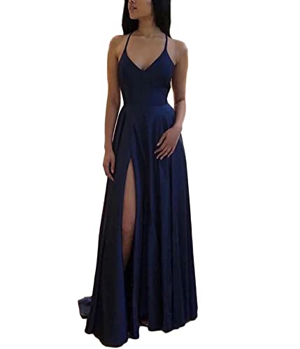 ORANDESIGNE Ballkleider Damen Lang Frauen Elegant Neckholder Backless Lang Kleider A-Linie Criss-Cross Satin Spaghetti Party Prom Dress Seitenschlitz Hochzeit Abendparty Kleid B Navy Blau XS von ORANDESIGNE