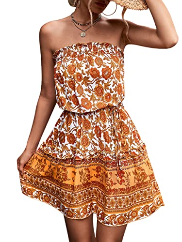 ORANDESIGNE Bandeau Kleid Damen Sommer Minikleid Trägerloses Kleid Sommerkleider Schulterfrei Kleid Blumendruck Kleid Kurz Strandkleid Ärmelloses Elegant Freizeitkleid A-Orange M von ORANDESIGNE