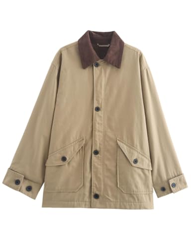 ORANDESIGNE Barn Jacket Damen Klassische Canvas Arbeitsjacke Übergroße Cordkragen Vintage Mantel mit Knopfleiste und Taschen Vintage Jacke A Khaki L von ORANDESIGNE