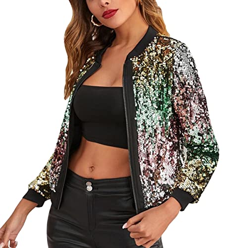 ORANDESIGNE Baseball Jacke Damen Pailletten Reißverschluss Langarm Jacken Frühling Herbst Kurze Jacke Outwear mit Taschen Frauen Retro Casual Baseball Bomberjacke Bikerjacke F Grün S von ORANDESIGNE