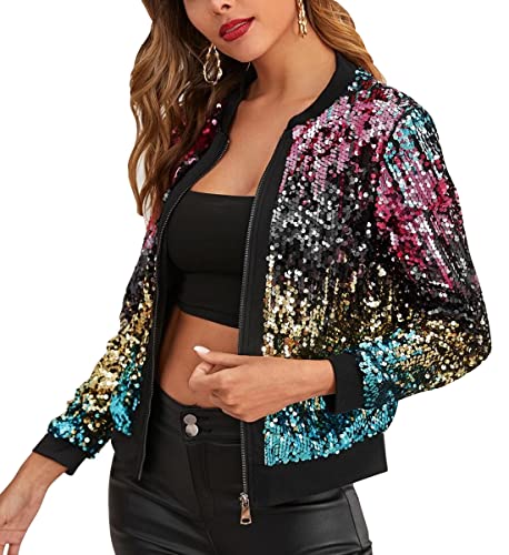 ORANDESIGNE Baseball Jacke Damen Pailletten Reißverschluss Langarm Jacken Frühling Herbst Kurze Jacke Outwear mit Taschen Frauen Retro Casual Baseball Bomberjacke Bikerjacke F Violett S von ORANDESIGNE
