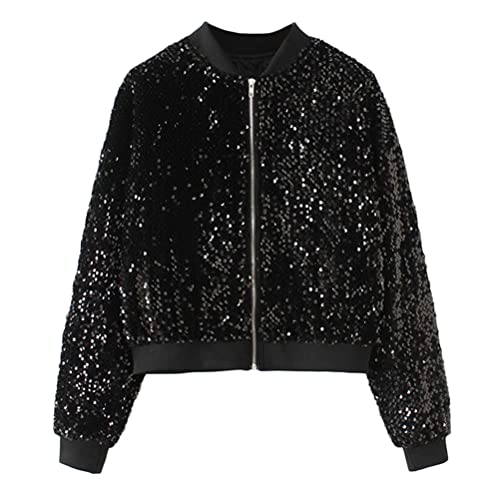 ORANDESIGNE Baseball Jacke Damen Pailletten Reißverschluss Langarm Jacken Frühling Herbst Kurze Jacke Outwear mit Taschen Frauen Retro Casual Baseball Bomberjacke Bikerjacke I Schwarz M von ORANDESIGNE