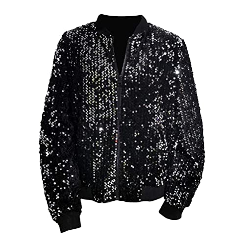 ORANDESIGNE Baseball Jacke Damen Pailletten Reißverschluss Langarm Jacken Frühling Herbst Kurze Jacke Outwear mit Taschen Frauen Retro Casual Baseball Bomberjacke Bikerjacke I Silber S von ORANDESIGNE