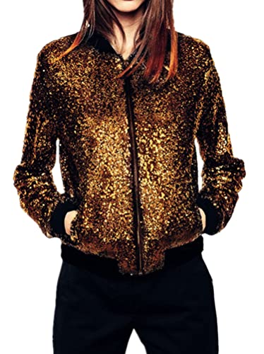 ORANDESIGNE Baseball Jacke Damen Pailletten Reißverschluss Langarm Jacken Frühling Herbst Kurze Jacke Outwear mit Taschen Retro Casual Baseball Bomberjacke Bikerjacke Übergangsjacke A Gold, M von ORANDESIGNE
