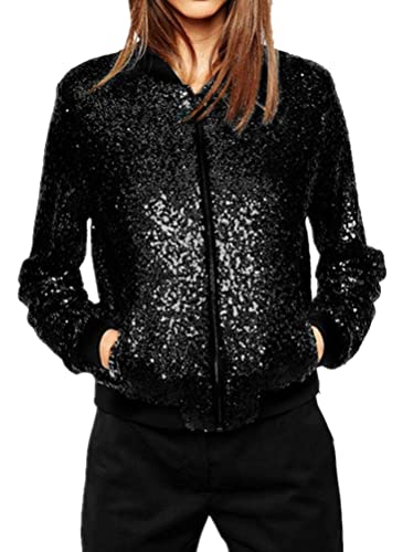 ORANDESIGNE Baseball Jacke Damen Pailletten Reißverschluss Langarm Jacken Frühling Herbst Kurze Jacke Outwear mit Taschen Retro Casual Baseball Bomberjacke Bikerjacke Übergangsjacke A Schwarz XS von ORANDESIGNE