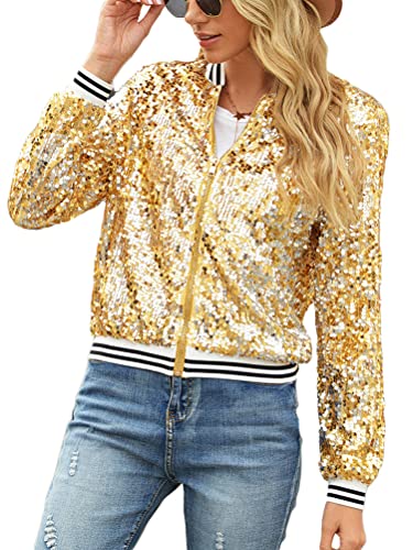 ORANDESIGNE Baseball Jacke Damen Pailletten Reißverschluss Langarm Jacken Frühling Herbst Kurze Jacke Outwear mit Taschen Retro Casual Baseball Bomberjacke Bikerjacke Übergangsjacke D Gold M von ORANDESIGNE