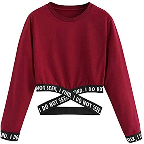 ORANDESIGNE Bauchfreier Pulli Mädchen, Damen Bauchfrei Pullover Brief Drucken Casual Langarm Sweatshirt Kurz Sport Crop Tops Oberteile Sweatjacke Shirts Hemd Bluse E Rot L von ORANDESIGNE