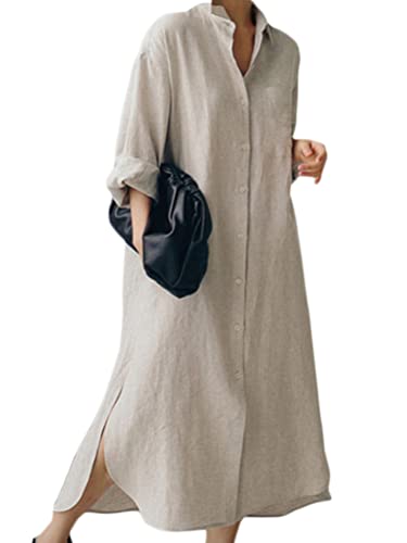 ORANDESIGNE Baumwolle Leinen Kleider Damen V-Ausschnitt Blusenkleid Hemdkleid Elegantes Sommerkleid Knielang Langarm Tunikakleid Locker mit Taschen Z9 Aprikose M Z9 Aprikose M von ORANDESIGNE