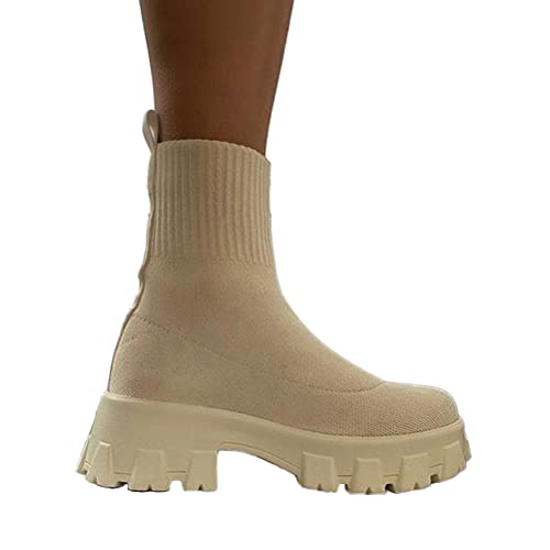 ORANDESIGNE Beige Damen Gestrickte Kurze Stiefel Mode Plateau Socken Schuhe Einfarbig Gestrickte Stiefeletten mit Runder Zehenpartie Plattform Freizeitstiefel Atmungsaktiv Schlupfstiefel 37 EU von ORANDESIGNE