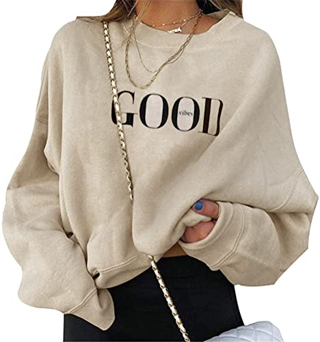 ORANDESIGNE Beige Damen Good Vibes Sweatshirt Buchstaben Druck Langarm Rundhals Pullover Bauchfrei Warm Pulli Oversized Casual Bequem Teenager Mädchen Hoodie Sportbekleidung A Beige XL von ORANDESIGNE