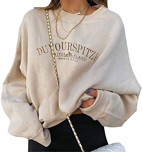 ORANDESIGNE Beige Damen Sweatshirt Buchstaben Druck Langarm Rundhals Pullover Bauchfrei Warm Pulli Oversized Casual Bequem Teenager Mädchen Hoodie Sportbekleidung B Beige M von ORANDESIGNE