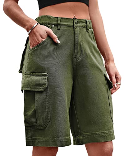 ORANDESIGNE Bermuda Shorts Damen Knielang Jeans Elegant Cargo Hose Baggy Denim Hosen Y2k Boyfriend Jeans Locker High Waist Demin Hose Mit Tasche Armeegrün M von ORANDESIGNE