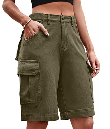 ORANDESIGNE Bermuda Shorts Damen Knielang Jeans Elegant Cargo Hose Baggy Denim Hosen Y2k Boyfriend Jeans Locker High Waist Demin Hose Mit Tasche Dunkel Khaki M von ORANDESIGNE