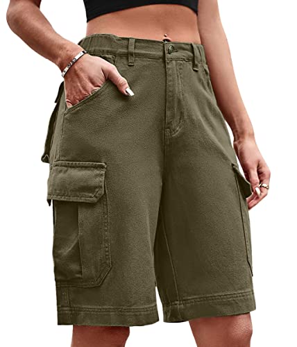 ORANDESIGNE Bermuda Shorts Damen Knielang Jeans Elegant Cargo Hose Baggy Denim Hosen Y2k Boyfriend Jeans Locker High Waist Demin Hose Mit Tasche Dunkel Khaki S von ORANDESIGNE