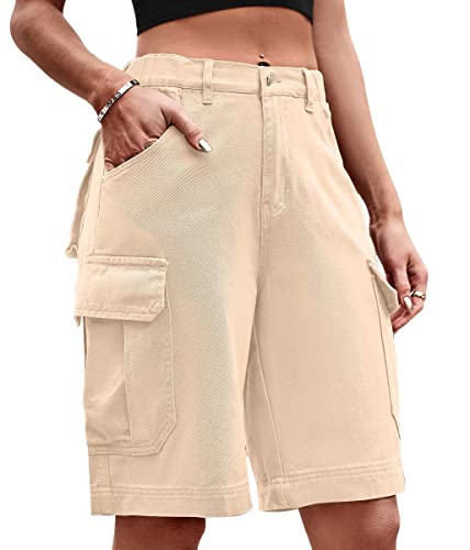 ORANDESIGNE Bermuda Shorts Damen Knielang Jeans Elegant Cargo Hose Baggy Denim Hosen Y2k Boyfriend Jeans Locker High Waist Demin Hose Mit Tasche Khaki L von ORANDESIGNE