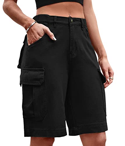 ORANDESIGNE Bermuda Shorts Damen Knielang Jeans Elegant Cargo Hose Baggy Denim Hosen Y2k Boyfriend Jeans Locker High Waist Demin Hose Mit Tasche Schwarz L von ORANDESIGNE