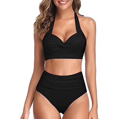 ORANDESIGNE Bikini Damen Push Up Bikini Set Bikini Panty High Cut Bademode Badeanzug High Waist Crossover Bademode Bikinihose Sexy V Ausschnitt Sportlich Zweiteiliger Strandbikini H Schwarz 44 von ORANDESIGNE