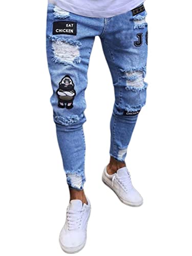 ORANDESIGNE Blau Jeans Herren Coole Schwarze Jeans Skinny Ripped Destroyed Stretch Slim Fit Hop Hop Hose Mit Löchern Für Männer Slim Hip-Hop Reißverschluss Jeans B Blau L von ORANDESIGNE